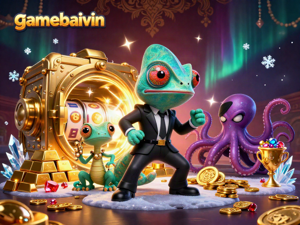 Spin to win at gamebaivin with colorful slot reels and dynamic gaming characters in a vibrant casino scene.