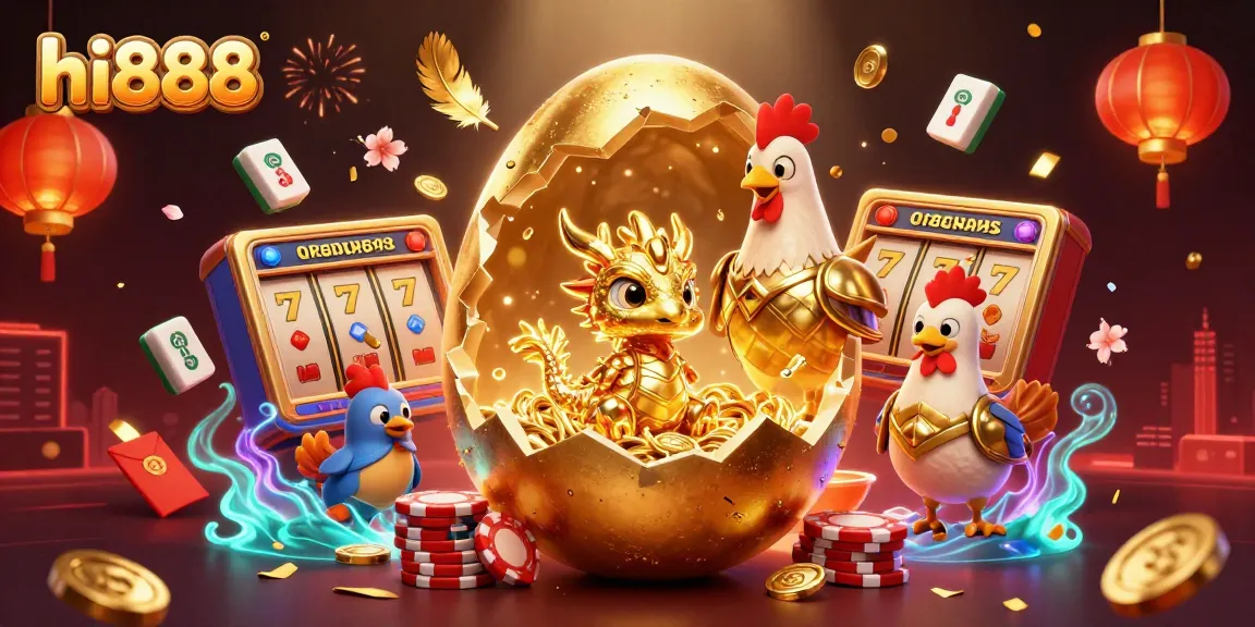 Engage in thrilling gaming adventures with hi888's golden dragon, poker chips, and vibrant casino elements.