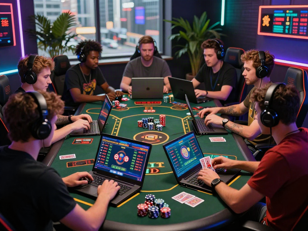 Engaged players at 9bet online gaming session with vibrant digital interfaces.