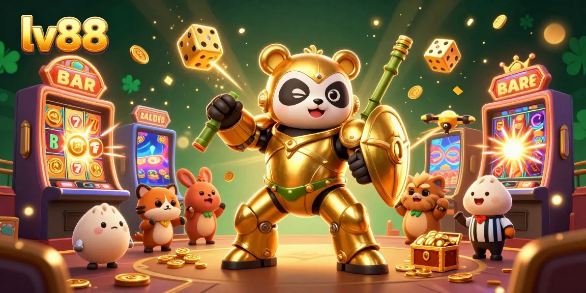 Join the excitement at lv88 with towering slot machines and a captivating panda robot in a casino arena.