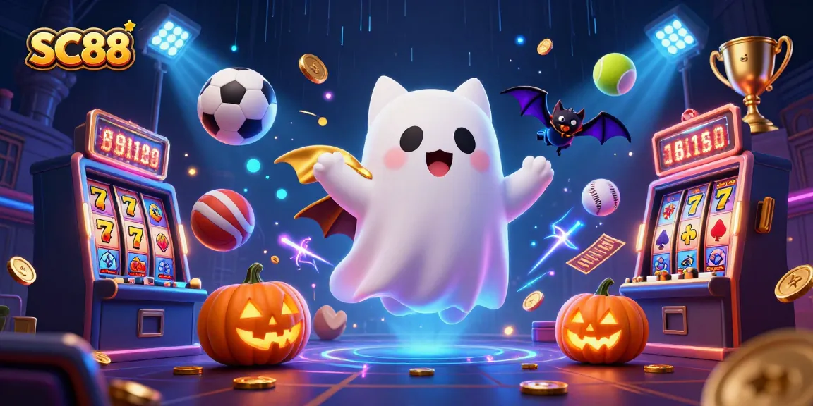 Experience thrilling gaming at SC88 with a ghost cat and vibrant casino elements.