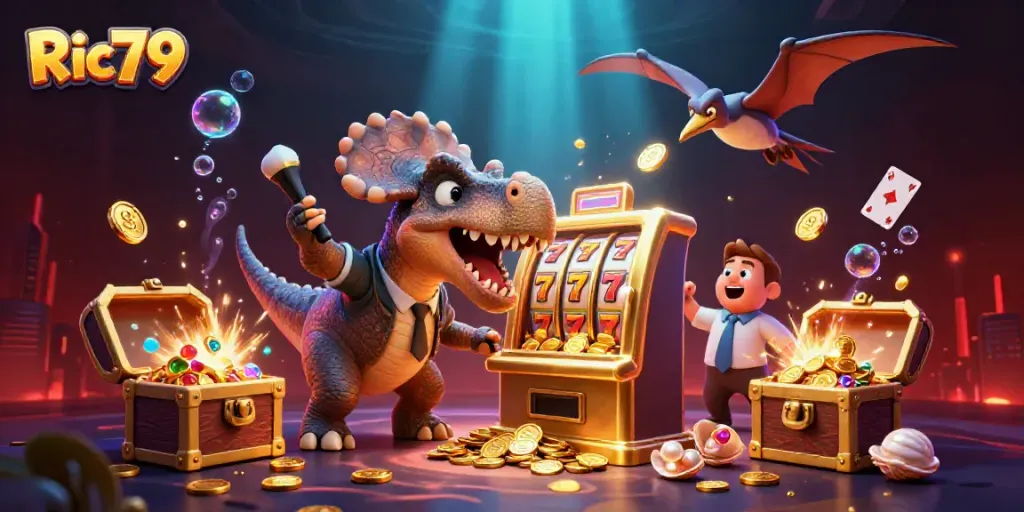 Engaging scene of Ric79 where a cartoon dinosaur plays slots as coins fly around a vibrant casino atmosphere.
