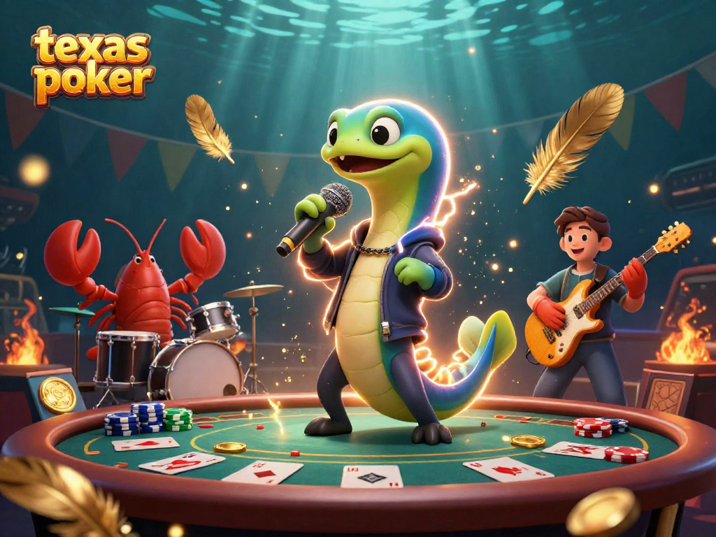 Experience dynamic texas poker action with vibrant characters in a lively casino setting.