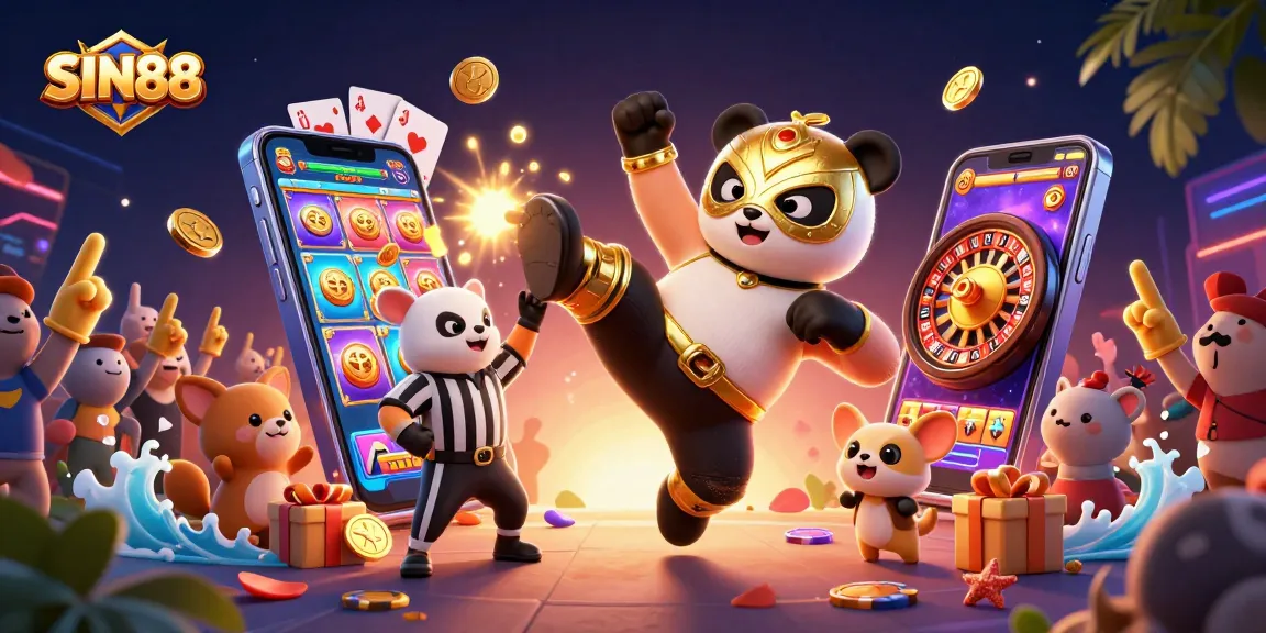 SIN88 showcases a lively 3D scene with a panda wrestler and exciting casino elements.