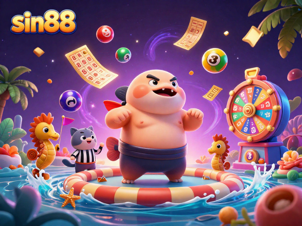 Experience exhilarating gaming at sin88 with a vibrant casino scene featuring lively characters and prizes.