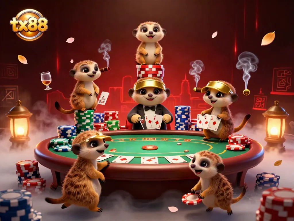 Experience the vibrant casino world of tx88 with meerkats managing games, colorful poker chips, and lively action.