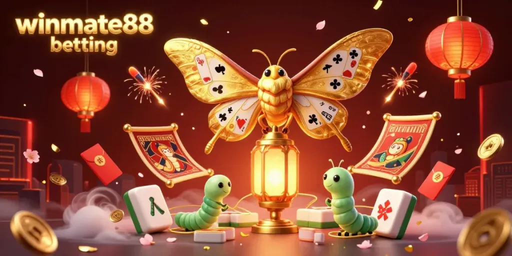 Experience winmate88 betting with vibrant 3D casino scene featuring an atlas moth, golden lantern, and festive elements.