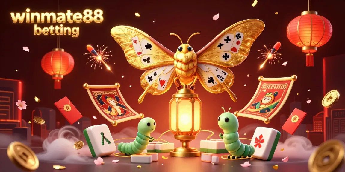 Experience winmate88 betting with vibrant 3D casino scene featuring an atlas moth, golden lantern, and festive elements.
