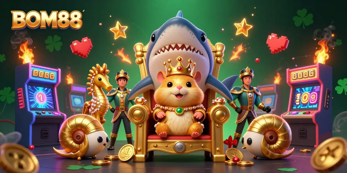 BOM88 offers an engaging gaming experience with a fierce golden hamster king and vivid casino elements.