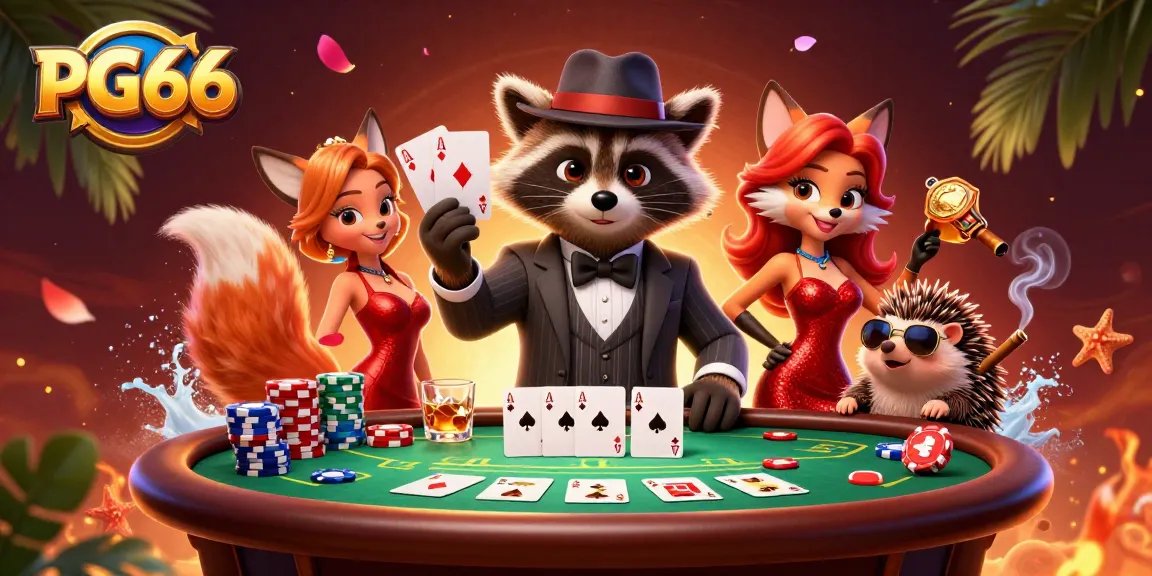 Experience PG66 excitement with a raccoon and fox at a poker table, showcasing vibrant casino elements.