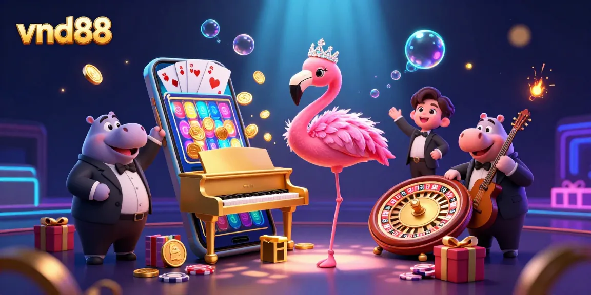 Spin to win at vnd88 with vibrant casino characters and exciting game elements in an illustrated scene.