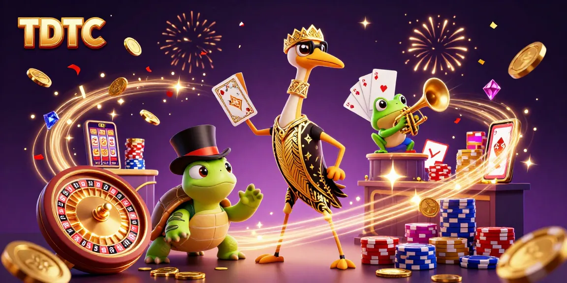 TDTC illustration featuring a cartoon crane, turtle, and frog amidst golden coins and cards.