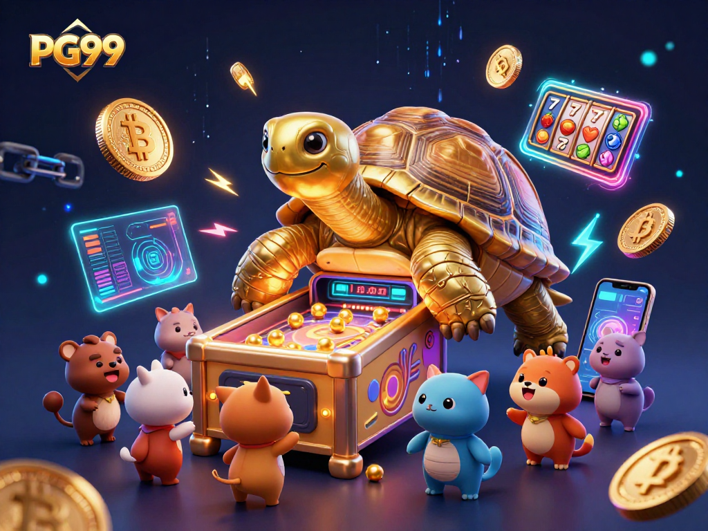 Engage with PG99's vibrant 3D casino scene featuring a pinball tortoise, crypto coins, and lively characters.