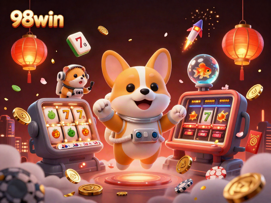 Enjoy thrilling gaming with 98win as a playful astronaut corgi navigates a space casino.