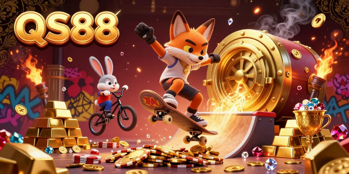 Experience exciting gameplay with QS88 as a skateboarding fox and BMX rabbit showcase dynamic casino elements.