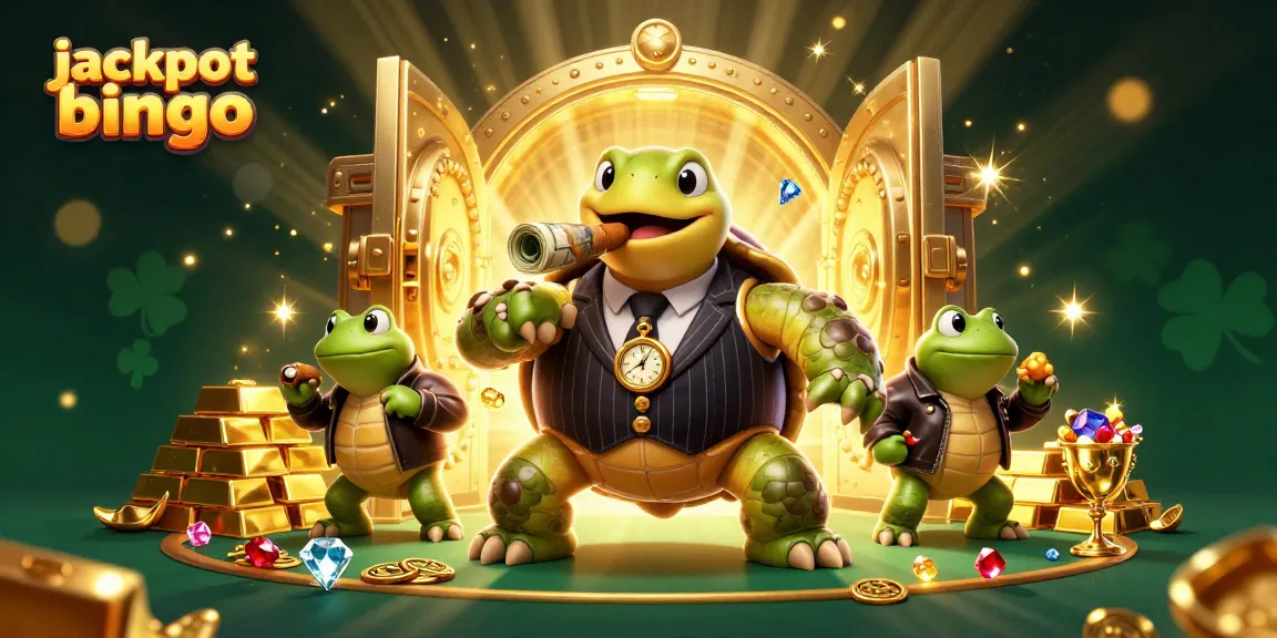 Win big with jackpot bingo featuring a turtle mobster and bullfrogs celebrating victories.