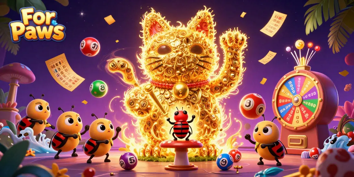 Engage with vibrant gaming excitement featuring For Paws lucky cat amidst casino elements.