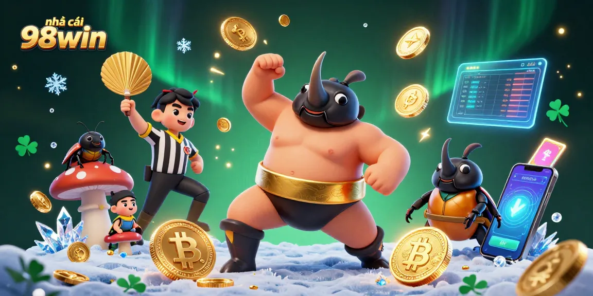 Engage with nhà cái 98win, featuring a sumo beetle champion and digital currency elements in a vibrant casino atmosphere.