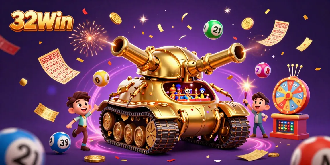 Experience the thrilling mini-casino world of 32Win within a golden beetle tank surrounded by vibrant games.