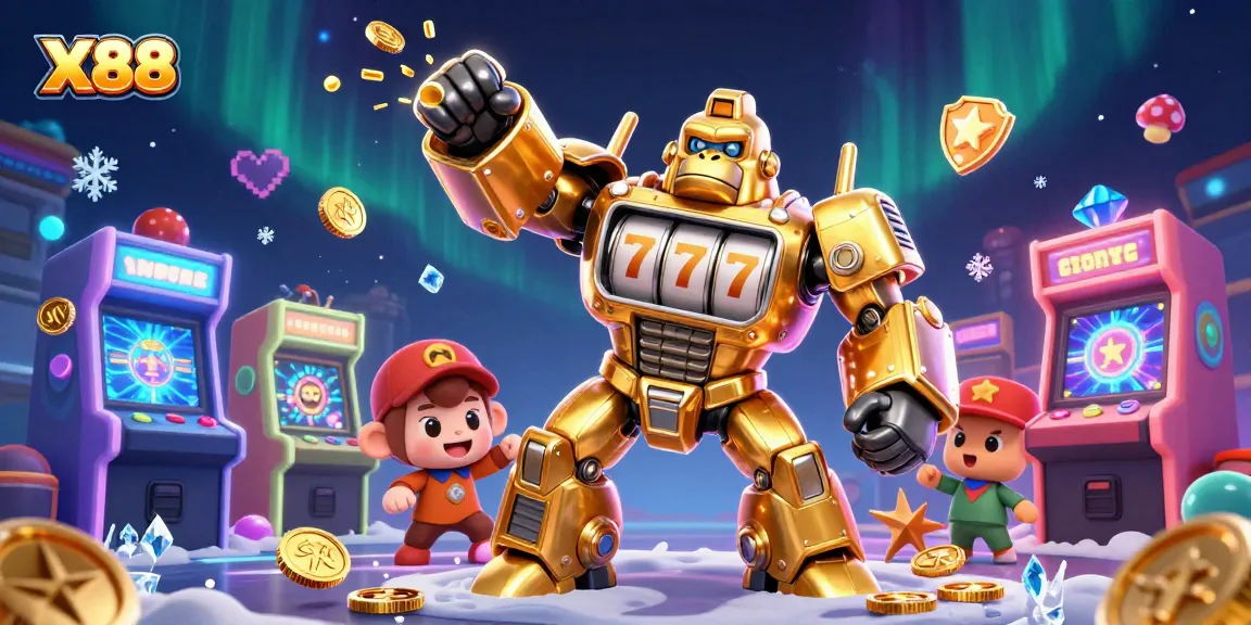 X88 players engaging with colorful arcade elements in a dynamic casino scene.
