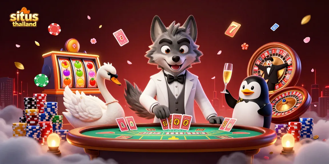 Engaging gameplay on situs thailand showcasing a charismatic wolf, elegant swan, and posh penguin enjoying casino action.