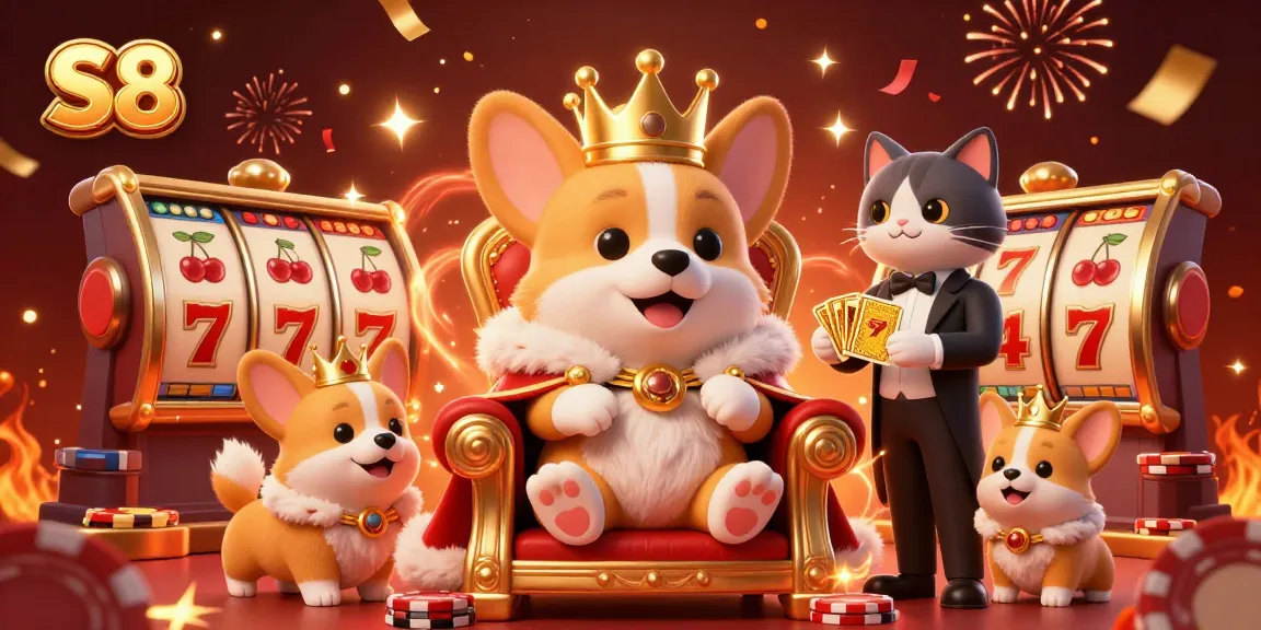Engage with the S8 casino experience featuring a royal corgi and slot games in a vibrant environment.
