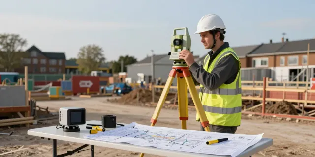 Topographical Survey Surrey: Surveyor using advanced total station on a construction site.