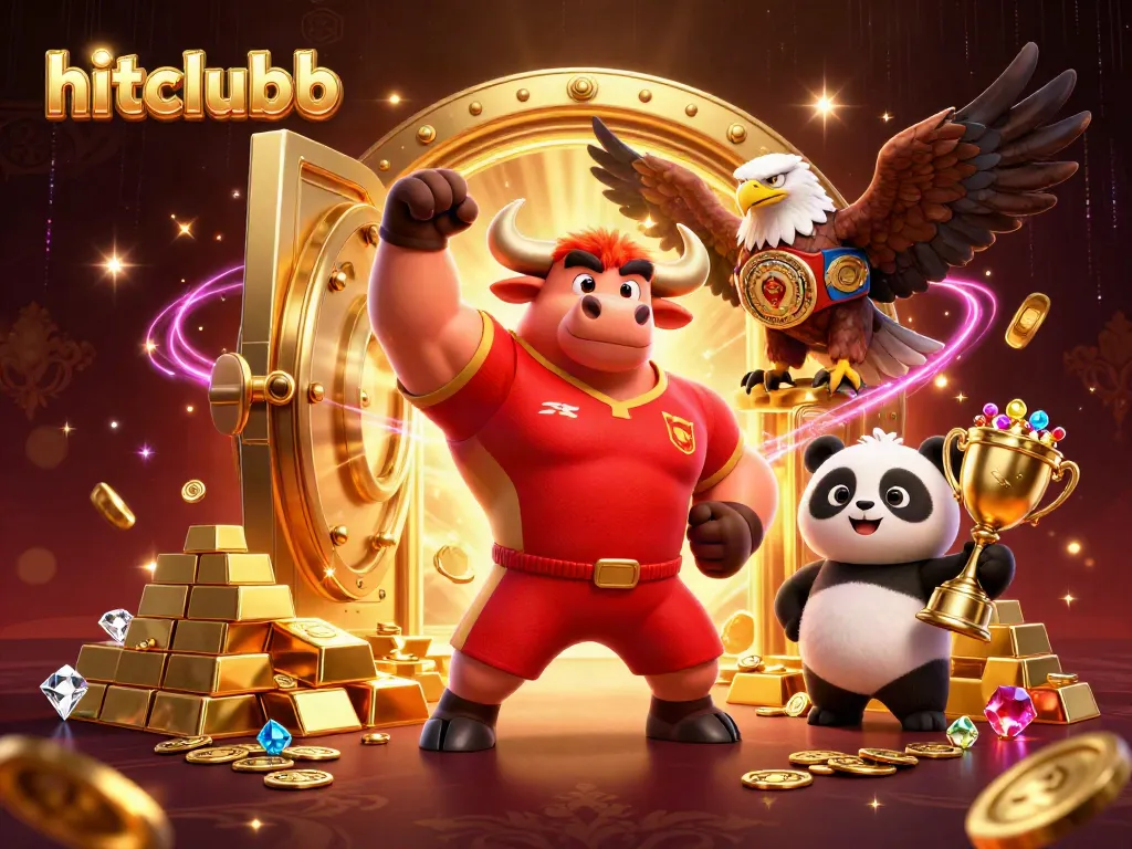 Hitclubb brings excitement with a muscular bull mascot and friends celebrating their big wins at the casino.