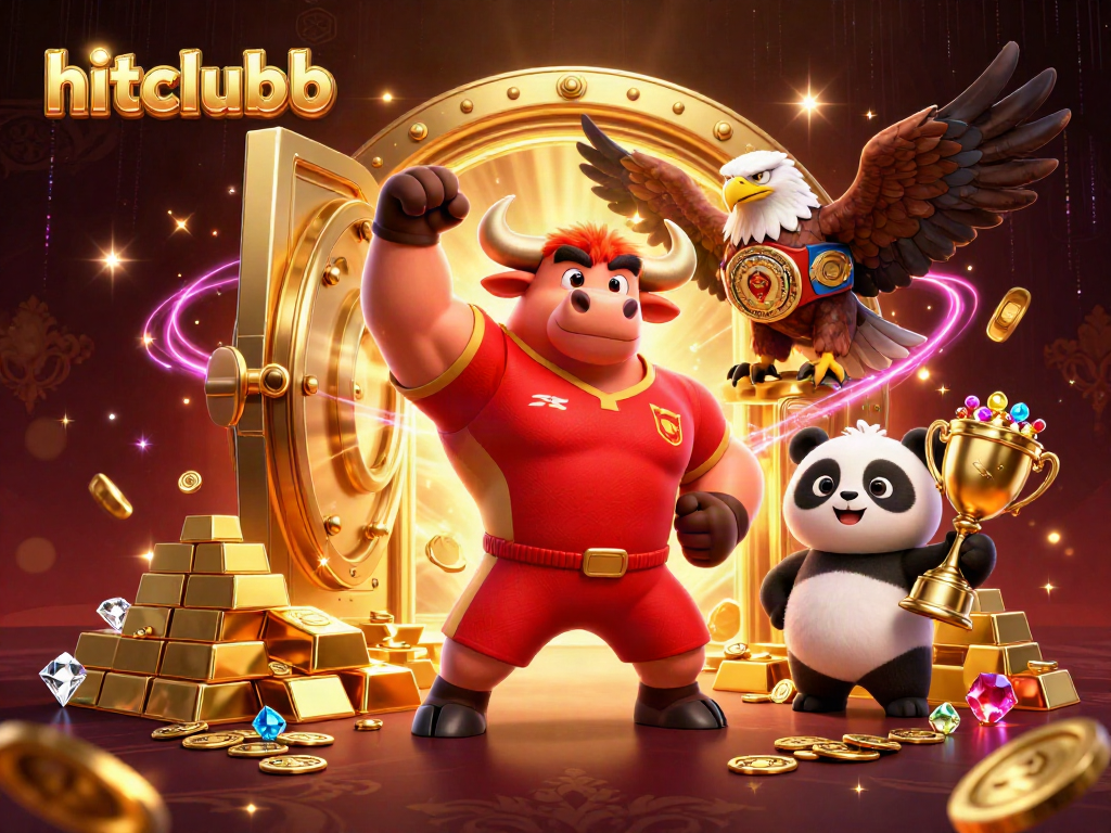 Hitclubb brings excitement with a muscular bull mascot and friends celebrating their big wins at the casino.