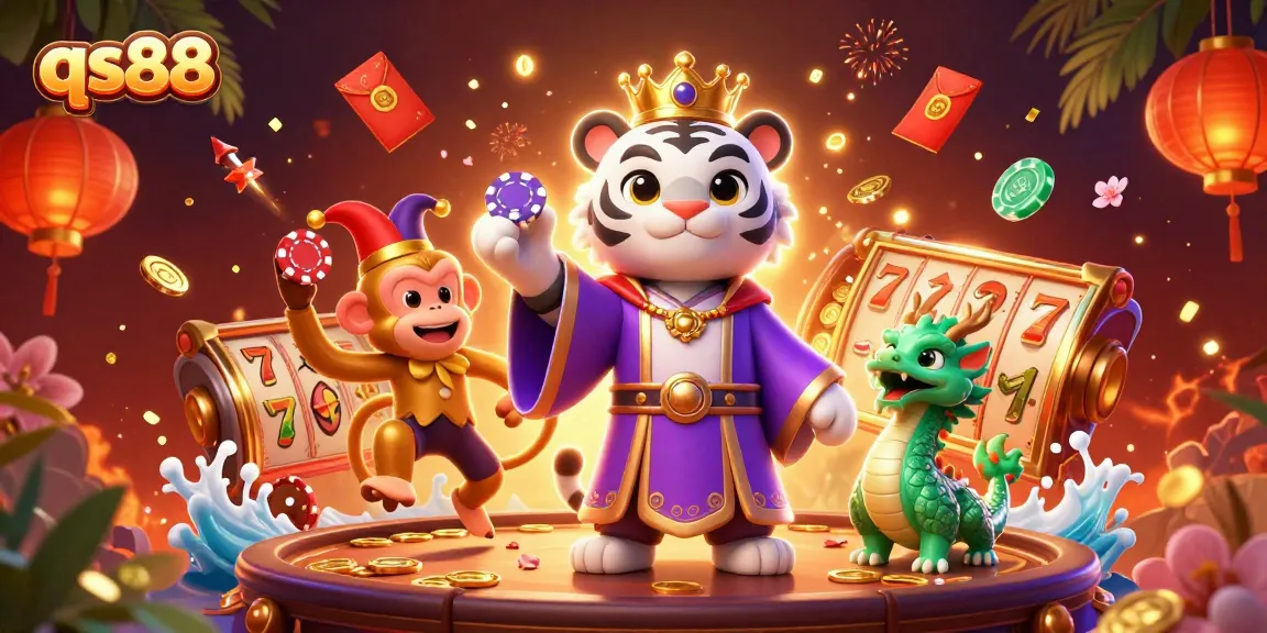 Engaging qs88 online casino illustration featuring a royal tiger and playful monkey in a rich gaming atmosphere.