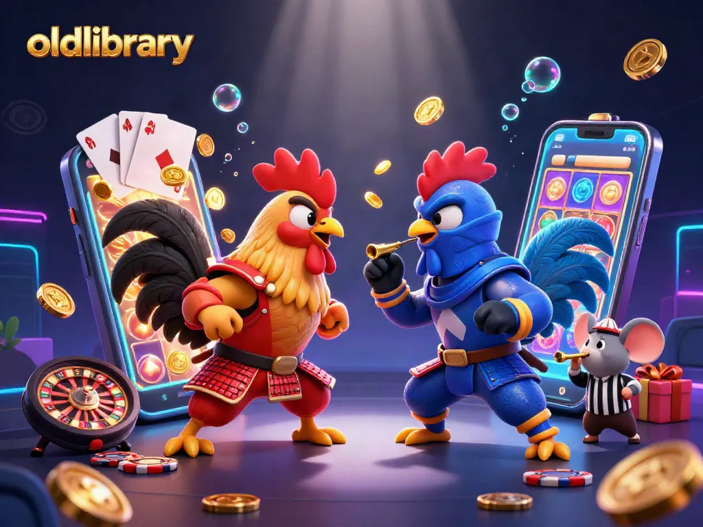 oldlibrary showcases a dynamic casino battle between roosters, featuring vibrant gaming elements.