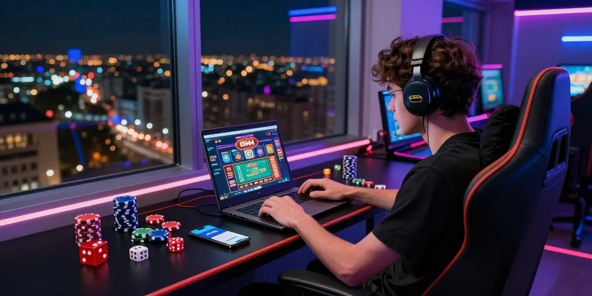 Exciting gaming experience at CK444, player engaged with laptop and mobile app in vibrant setting.