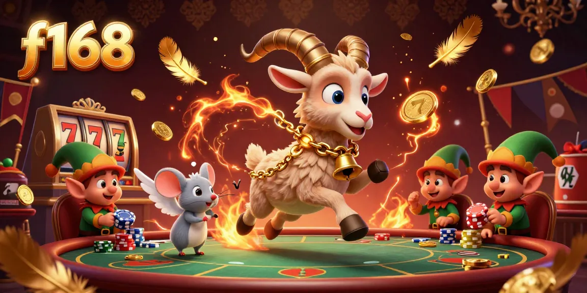 Experience f168 casino excitement with cartoon Krampus goat, angel mouse, and mischievous elf gremlins in action.