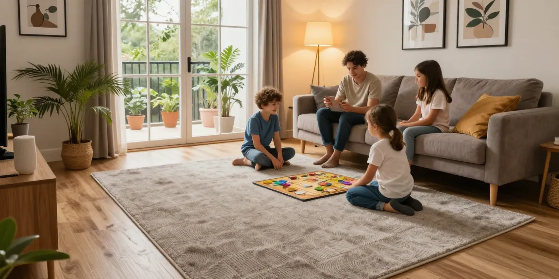 Improve sound insulation with acoustic flooring in a warm living room, showcasing family engagement and comfort.