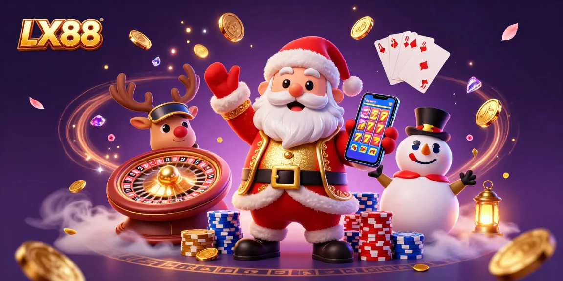 Experience thrilling LX88 jackpots with Santa and friends in a vibrant casino scene.