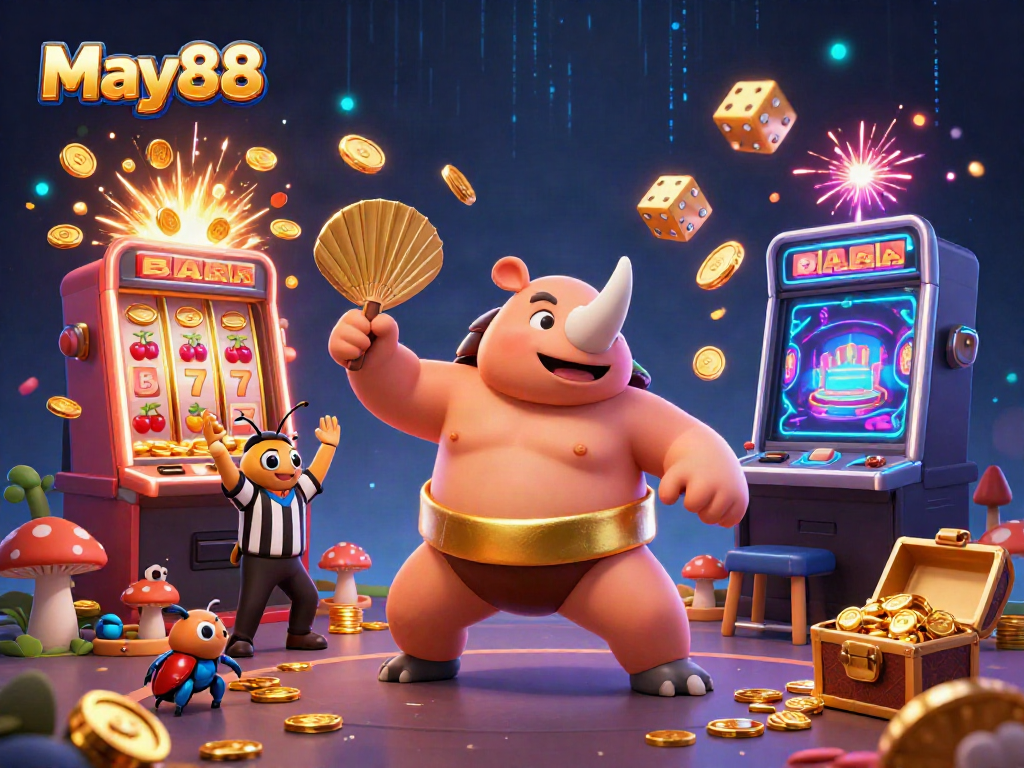 Watch the exhilarating May88 scene with a sumo rhino beetle champion celebrating a jackpot moment in a casino.