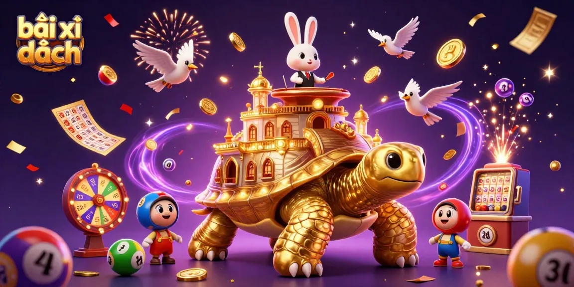 Experience the excitement of bài xì dách with golden tortoise and vibrant elements in this dynamic scene.
