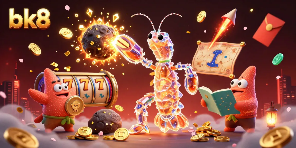 Experience thrilling wins at bk8's vibrant casino with cartoon characters and floating slot reels exploding with gems.