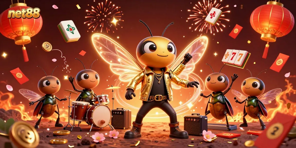 Experience net88's vibrant casino atmosphere with a cicada rock star and dazzling game elements.