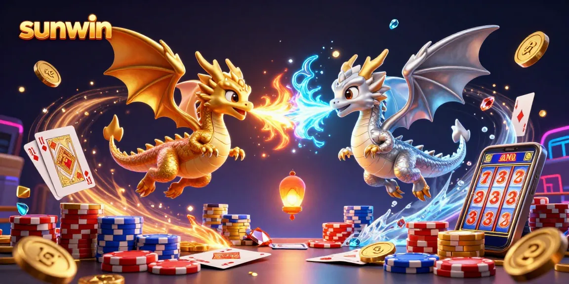 Experience sunwin's excitement with dragon imagery, spinning roulette, and flying coins in this casino-themed illustration.