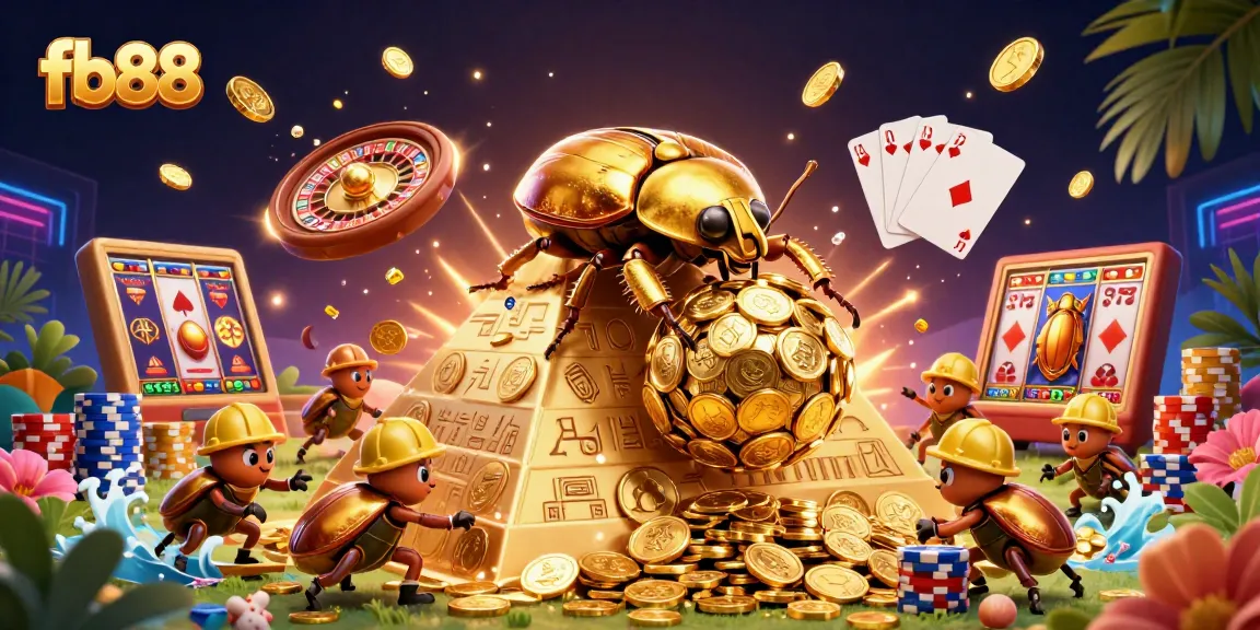 Experience fb88 with a stunning casino scene featuring golden coins, beetles, and dynamic game elements.
