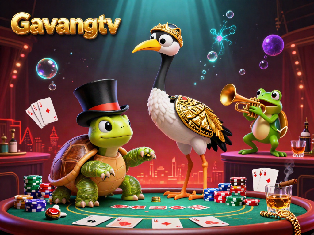 Experience dynamic gambling action at Gavangtv with a festive 3D illustration featuring vibrant characters and elements.