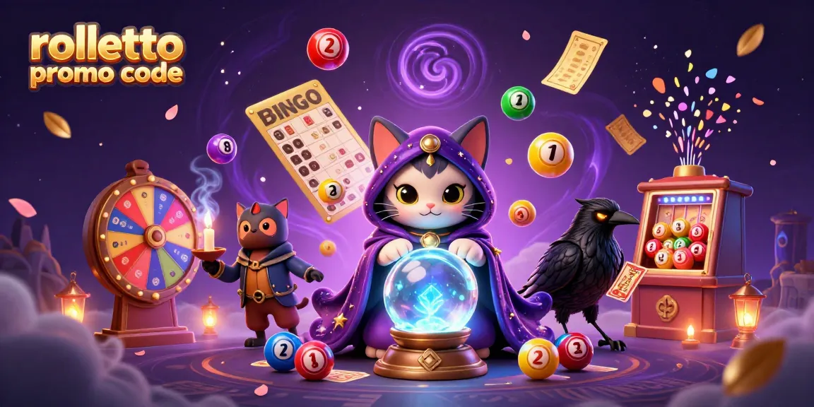 Activate Rolletto promo code with a mystical cat fortune teller amidst a vibrant casino backdrop.