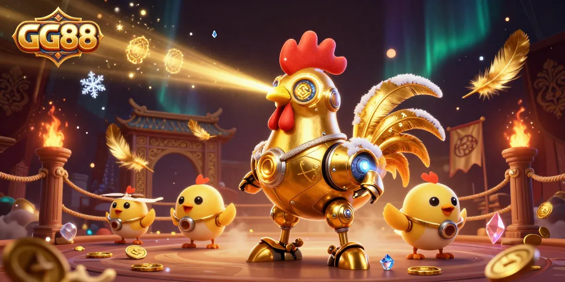 Engage with GG88's thrilling online casino experience featuring golden rooster robot and vibrant game elements.