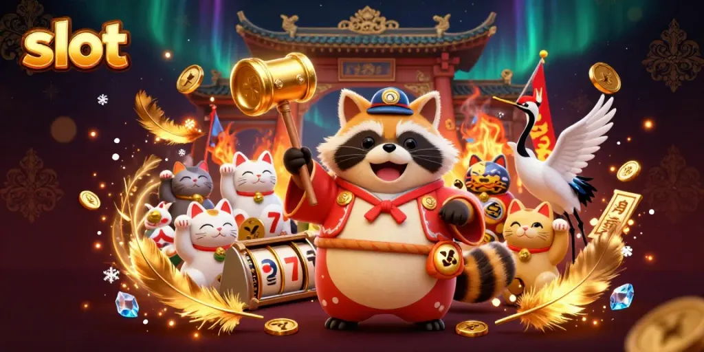 Spin the slot for big wins with cheerful tanuki and lucky symbols in a vibrant casino scene.