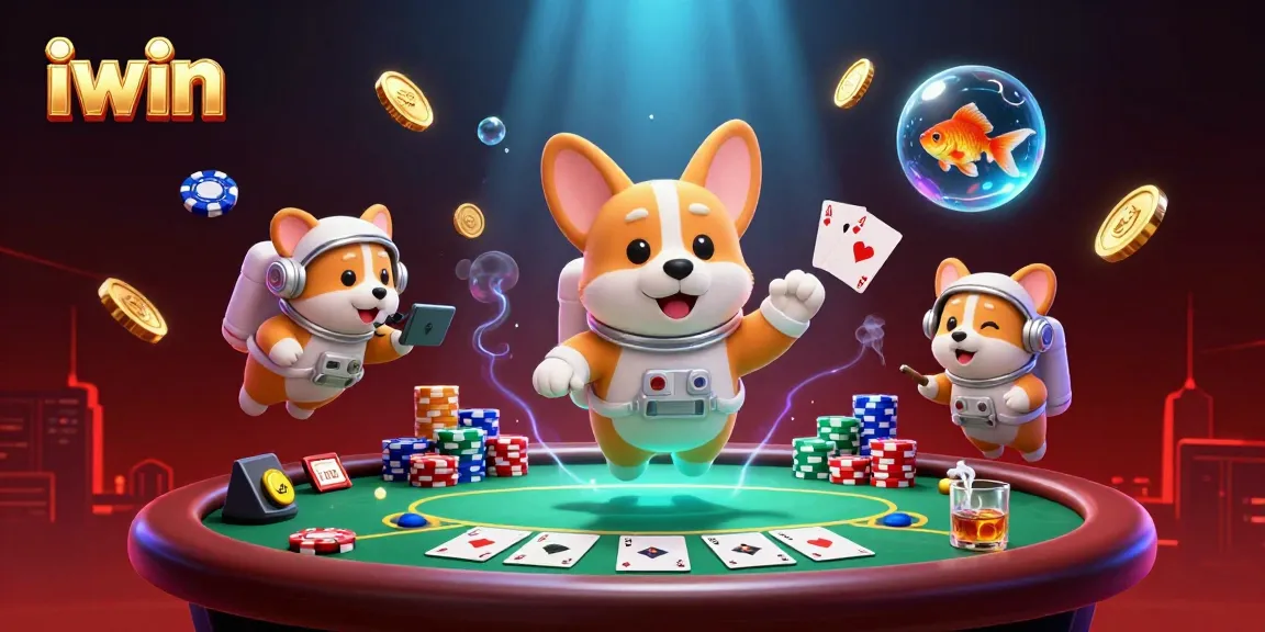 Engage with iwin's exciting space casino featuring a floating corgi and poker elements in zero gravity.