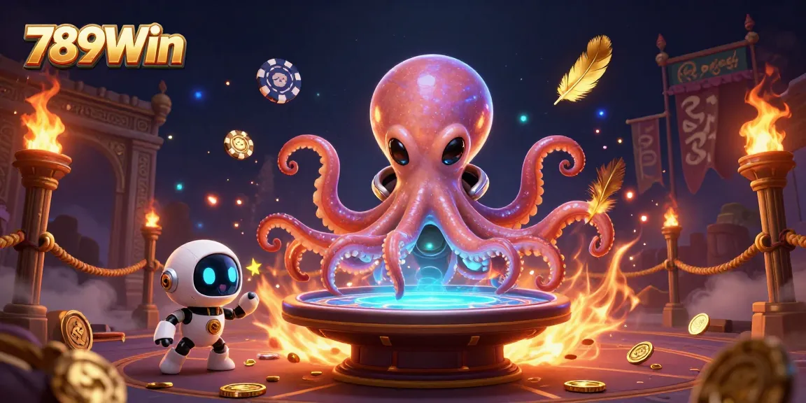 Engage with 789Win in a vibrant 3D stellar casino scene featuring an alien octopus and poker activities.