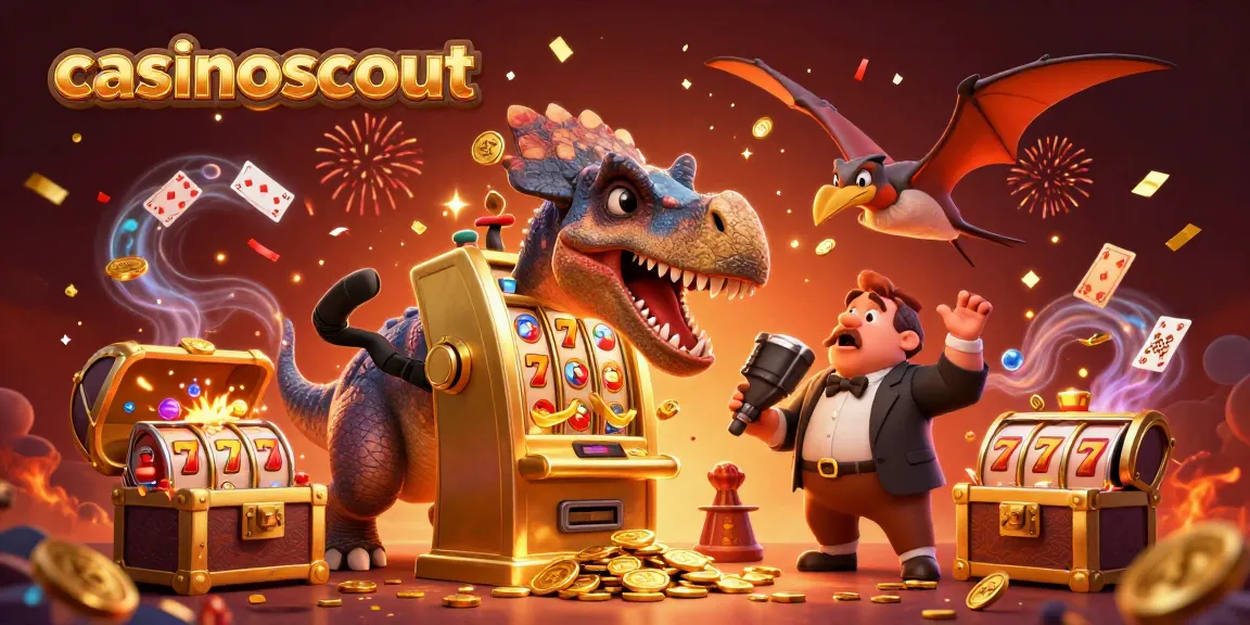 casinoscout features a dinosaur celebrating a jackpot win at a casino, surrounded by vibrant game elements.