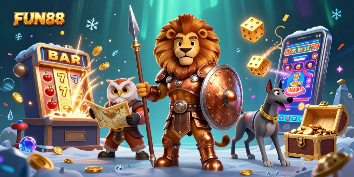 Experience the thrill of FUN88 with a dynamic scene featuring a Spartan lion, owl strategist, and greyhound messenger amidst lively casino elements.