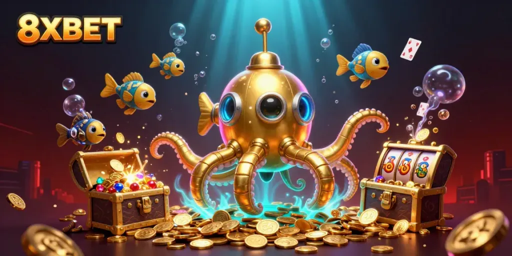 Join the 8XBET adventure with our golden kraken in a treasure-filled underwater casino scene.